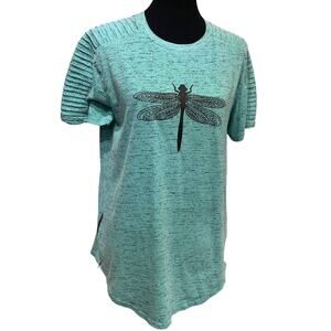 Hand Printed Upcycled Womens Medium Dragonfly Short Sleeve Mint Green Tee